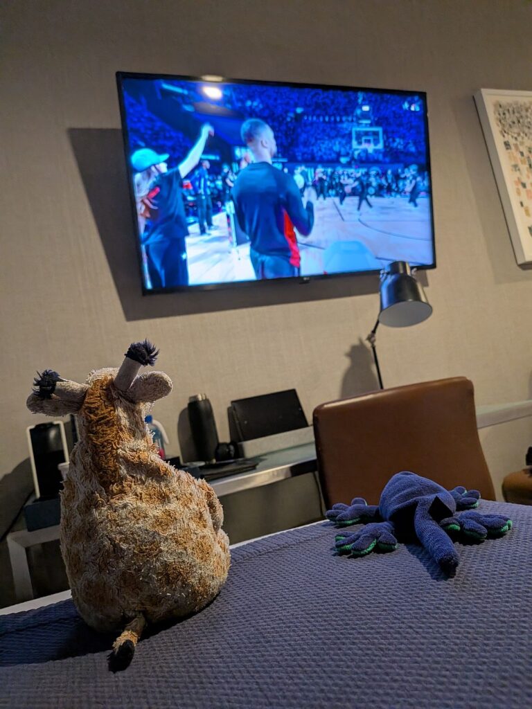 Giraffi und Gordon schauen das Allstar Weekend im Hotelzimmer